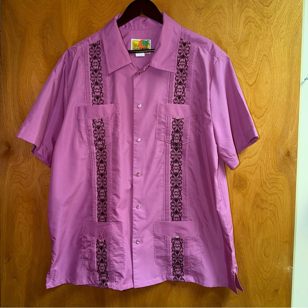Vintage The Genuine Haband Guayabera Mens Purple Short Sleeve Button Up XL Shirt
